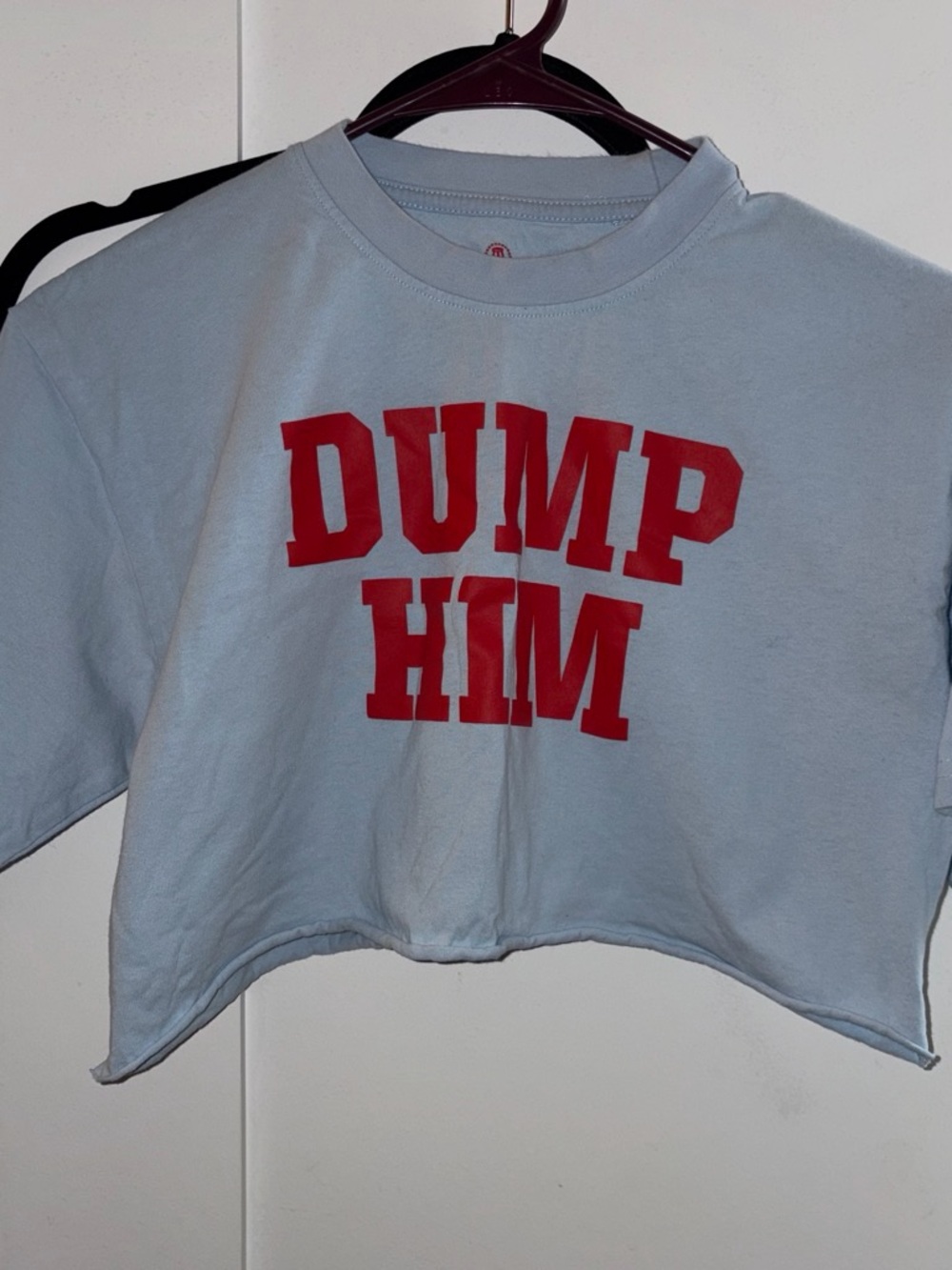 Light Blue Crop Tee with Red 'DUMP HIM' Graphic